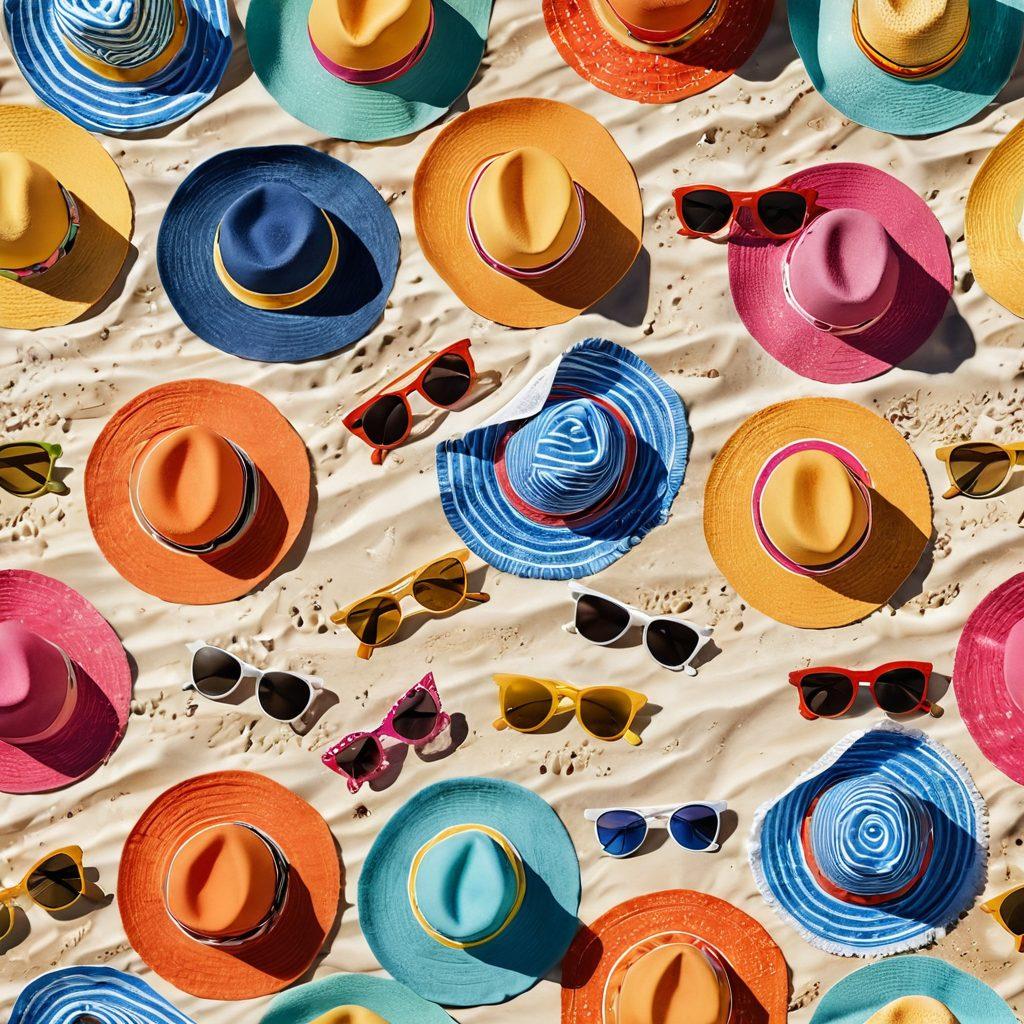 A stylish display of various bikini accessories including colorful sarongs, oversized sunglasses, and playful beach hats arranged on a sandy beach with gentle waves in the background. The bikini accessories are showcased in an aesthetically pleasing manner, inviting viewers to enhance their swimwear collection. Bright sunlight casts playful shadows, evoking a vibrant summer vibe. super-realistic. vibrant colors. white background.