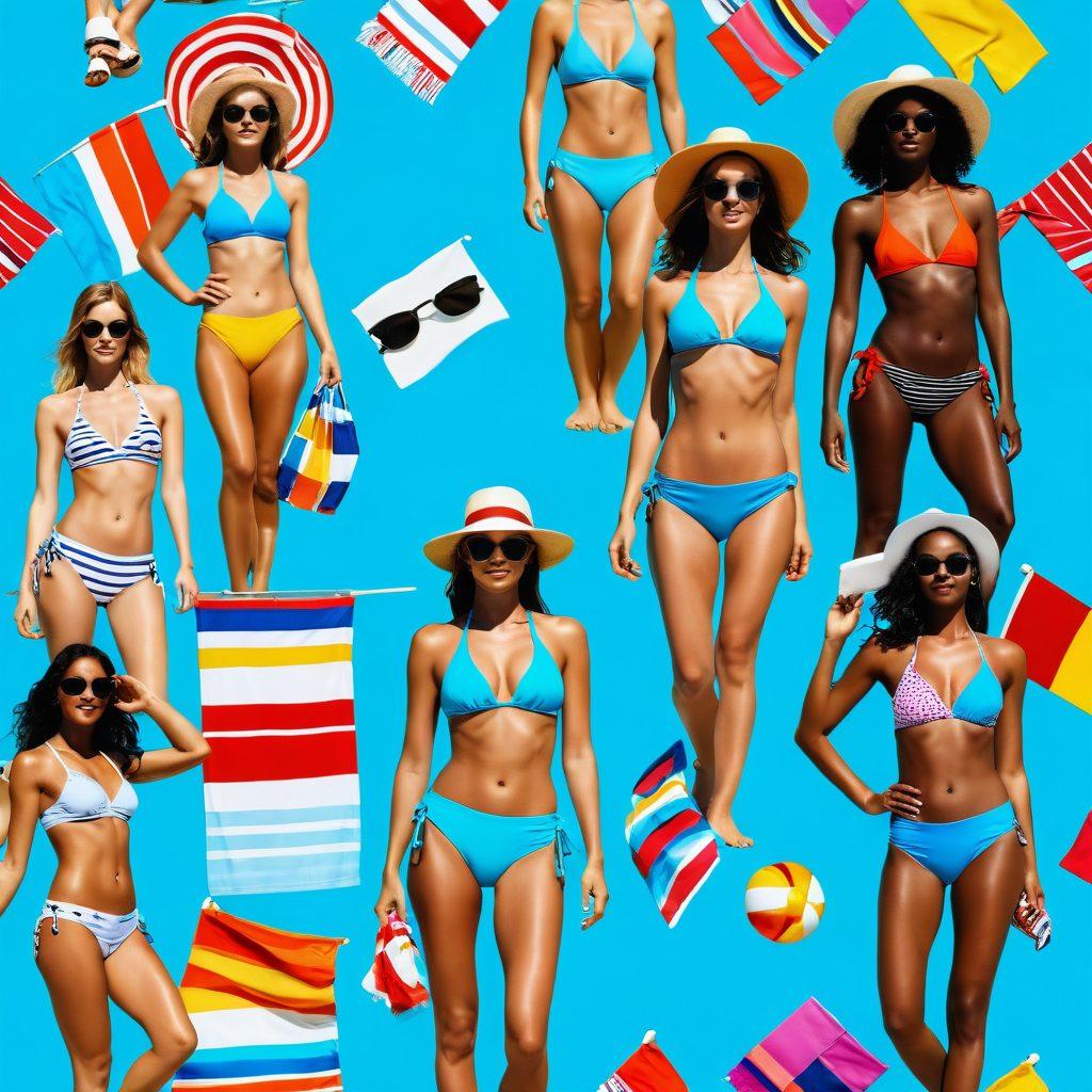 A sunny beach scene featuring diverse models showcasing the latest bikini trends, with vibrant colors and various styles like high-waisted, sporty, and minimalist designs. Surround them with beach accessories such as sunglasses, beach hats, and colorful towels, all against a clear blue sky and turquoise ocean backdrop. Capture the essence of summer fun and style. super-realistic. vibrant colors. beach setting.